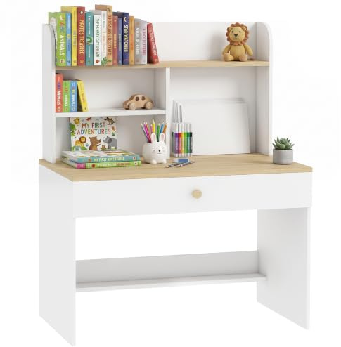 AIYAPLAY Bureau Enfant en Bois avec Rangement Plateau Large Blanc | Tiroir et Étagères Ouvertes, Table pour Étude, Lecture, Dessin, Filles et Garçons 3 à 8 Ans