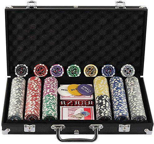display4top 300 Piece Texas Holdem Poker Chips Set with Aluminum Case,2 Decks of Cards, Dealer, Small Blind, Big Blind Buttons and 5 Dice (300 Piece Chips)