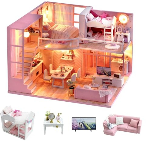 CUTEROOM Casa de muñecas Miniatura Casa de muñecas de Madera en Kit con Muebles y música Modelo para niñas y niños