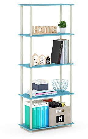 Furinno TURN-N-TUBE Storage Shelves, 5-Tier Book Shelf, Corner Shelf, Toolless Open Shelves, for Organization and Storage, Living Room, Garage, Home Office, Light Blue