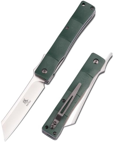KATSU Klappmesser, D2 Stahl Einhandmesser G10 Griff Bambus Stil Taschenmesser mit Taschenclip, Tragbares Outdoor Messer Japanisches Klappmesser für den täglichen Gebrauch
