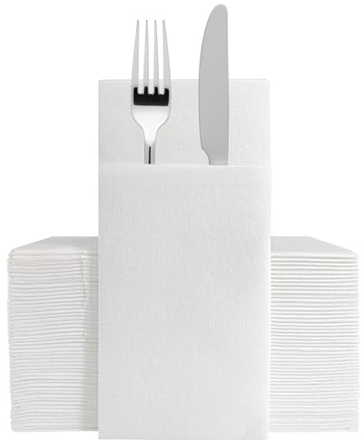 MORGIANA 50 PCS Pocket Napkins, Linen Feel White Napkins with Buit-in Flatware Pocket, 1/6 Folded, Disposable Guest Towels Serviettes for Chirstmas, Wedding, Party