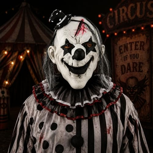 eBoutik – House of Horror Spooky Clown heltäckande ansiktsmask – Halloween skrämmande clownmask – läskigt, blodklippt ärr, dödare clown latex heltäckande huvud cosplay huvudtäckning