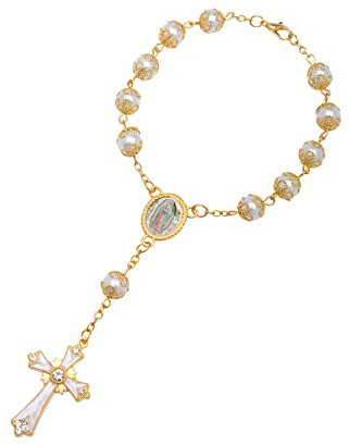 Floatdream Kreuz Christian Rosenkranz Armband, Kreuz Christian Armband, Kreuzperlenarmband, für Geburtstage, Konfirmationen, Kommunionen, Taufen, Partys (Weiß, Goldene Kette)