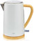 KHG Wasserkocher WK-1716 WWD weiß - holzfarbene Applikation Edelstahl 1,7 Liter, Kalkfilter, Wasserstandsanzeige, Trockengehschutz & Abschaltautomatik, verdecktes Heizelement, BPA-frei, 2200 Watt