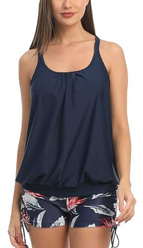 IHCEMIH Swimming Costume Women Tankinis Sets Push up Tummy Control High Waisted Modest Swimwear Swimsuits Bathing Suit Beach Wear Women's Two Pieces Blouson Tankini with Floral Shorts Blue L