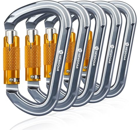 NewDoar 28KN UIAA & CE Certified Auto Climbing Carabiner 5pcs Professional Auto Locking Clips D-Shaped Heavy Duty Carabiner for Camping, Hiking, Swing, Hammock, Rappelling(Grey 5pcs)