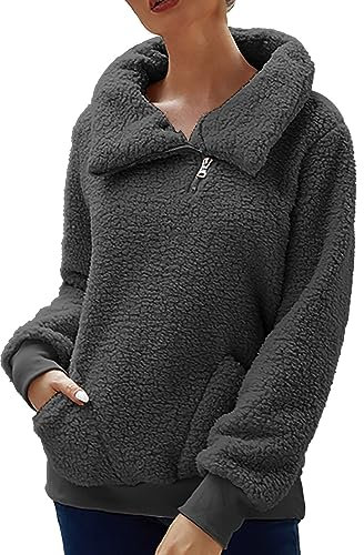 Übergangsjacke Damen Herbst Damen Winter Freizeit Solide Tasche Plüsch Rollkragen Langarm Pullover Hoodie Sweatshirt Weiße Sweatjacke (Dark Gray, S)