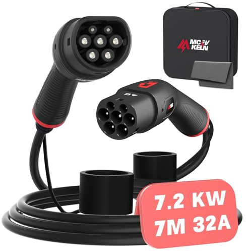 MCEVKELN EV Cavo di Ricarica Tipo 2 7,2kw| 32A| Monofase| 7M |Tipo 2 a Tipo 2 EV Cavo di Ricarica per Auto Elettrica- Compatible con ID4, 500e, e-208, i3, XC40 - con Borsa