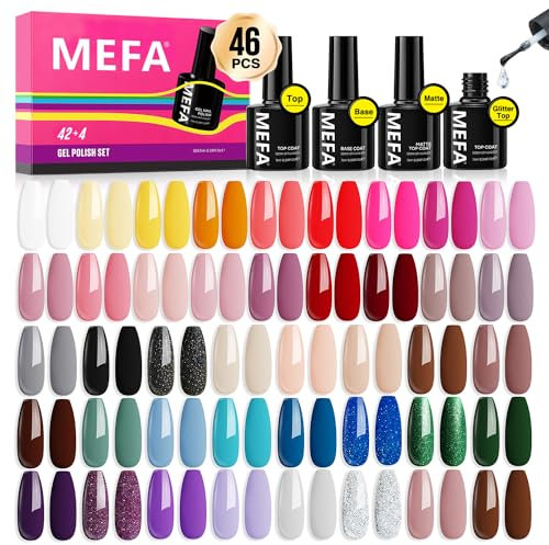 MEFA UV Nagellack Set, 46 Stück UV Gel Nagellack mit Base und Top Coat Matte Glitzer, 42 Farben Gellack Set für Nail Art Nageldesign