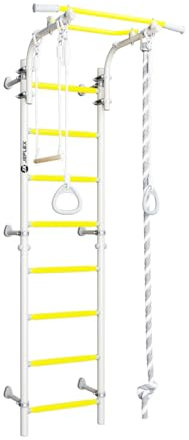 JEFLEX Espalier blanc et jaune avec barre de traction réglable - Station de fitness robuste pour chambre d'enfant - Montage simple et polyvalent - Accessoires muraux d'escalade de qualité supérieure
