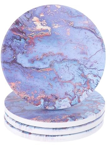sourcing map 4Pcs Absorbent Coasters Purple Marble Gilding Pattern Round Coaster with Cork Backing Non-Slip for Home Office 4inches.