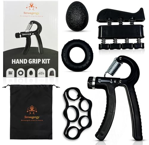 Strongergy Hand Grip para Ejercitar Antebrazo - Kit de 5 piezas, Fortalecedor de Agarre Ajustable, Fortalecedor de Dedos, Goma para Estirar Dedos, Pelota Antiestrés, Anillo para Fortalecer Mano