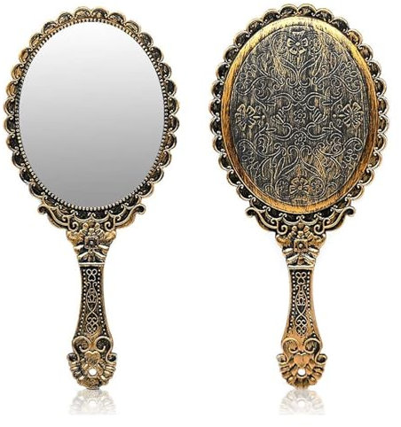 thirei Retro Handspiegel, Vintage Handspiegel Bronze, Tragbarer Spiegel mit Griff, Ovaler Kosmetikspiegel, Schminken und Dekoration