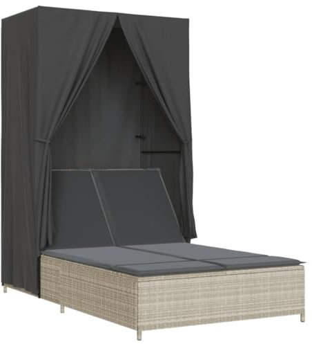 vidaXL Chaise Longue Double avec Toit et Rideaux Gris Clair Poly rotin