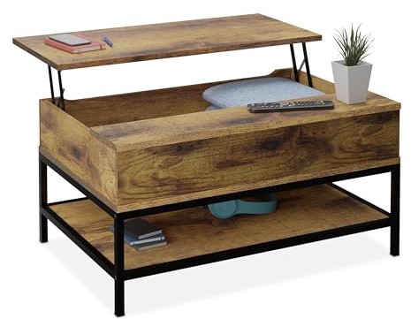 Relaxdays Mesa de Centro con Tablero Elevable, con Estante, Estilo Madera, 45,5 x 90 x 60 cm, Marrón y Negro