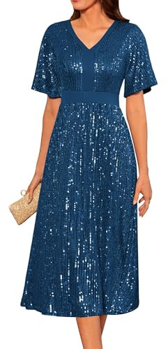 GRACE KARIN Kurzarm Abendkleid V-Ausschnitt Swing Cocktailkleid Elegant Paillettenkleid A-Linie Faltenrock Casual Freizeitkleid M Pfauenblau