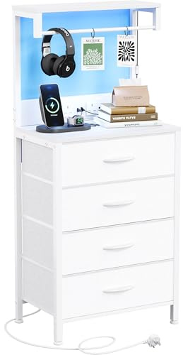 MUTUN Bedside Table with Charging Station, Bedside Cabinet with LED Light, Nightstand with Wood Shelf, 4 Fabric Drawers Side Table for Bedroom, White