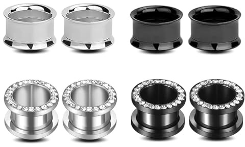 APMGONT 4 Pairs Stainless Steel Flesh Tunnel Plugs, CZ Ear Tunnels Plugs, Wood Ear Plugs Gauges, Ear Tunnels Strectchers, Ear Piercing Jewellery with Screw Closure, Ear Gauges Expander for Men Women