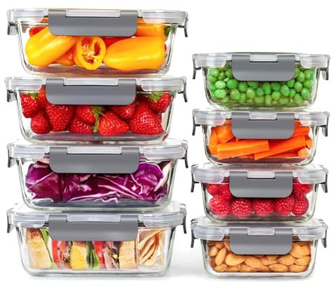 KOOSREEL Glass Food Storage Containers, 16PC Set (8 Containers + 8 Lids), Airtight, Leak-Proof, BPA Free, Microwave, Oven, Freezer, Dishwasher Safe, 370ml & 1040ml