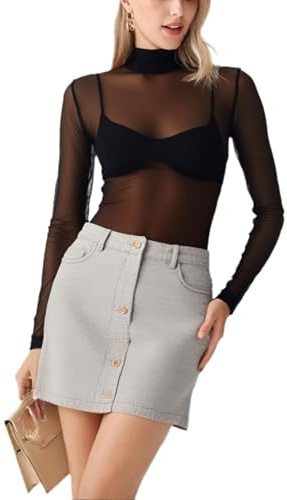 Miss Rouge T-Shirt,Top en Voile,Resille Transparente,col Roule (Noir)