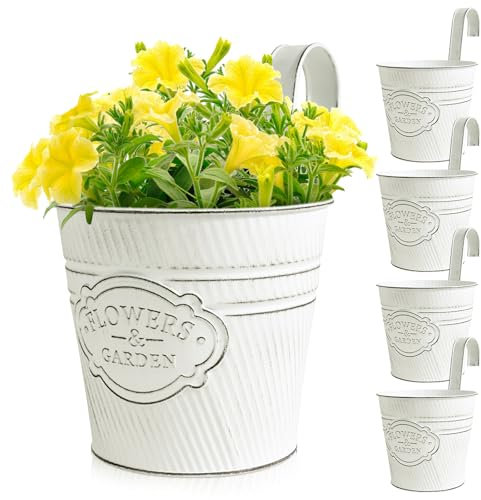BOOMTOP 5 Stück Metall Blumentopf Hängend Weiß Blumentöfpe mit Abnehmbar Haken Hängetöpfe für Pflanzen Blumen Hängetopf zum Aufhängen für Balkon Garten Wand Terrasse Innen Außen 14x15x11,5cm