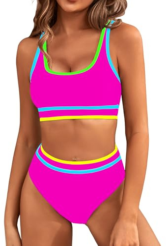 BMJL Women's High Waisted Bikini Sets Tummy Control Two Piece Swimsuits Color Block Cheeky High Cut Bathing Suits(M,Rainbow Hot Pink)