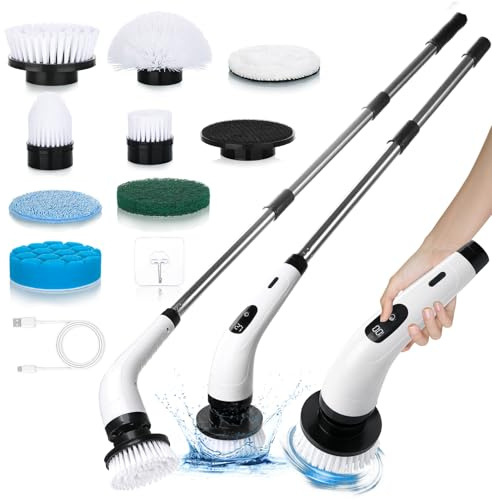 Tuocal Elektrische Reinigungsbürste, 8 in 1 Electric Cleaning Brush mit Verlängerungsgriff Elektrische Putzbürste für Verstellbarem Griff, WischmoppSet für Auto Bad Küche Fliesen Toilette