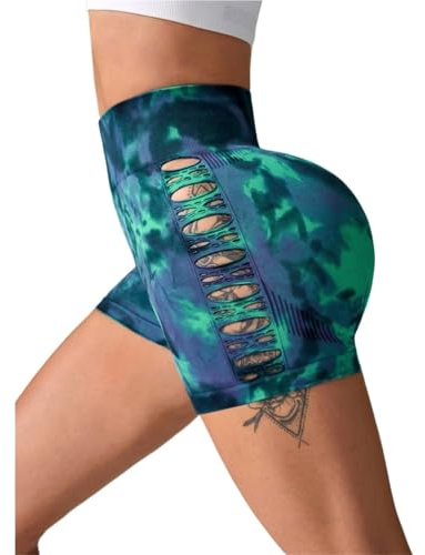 LXHZSY Shorts Deportivos Mujer Pantalones Cortos de Yoga con Efecto Tie-Dye, sexys, Cintura Alta, calados, for Fitness, for Entrenamiento Cadera, for Correr, Gimnasio, Mallas(Green,M)