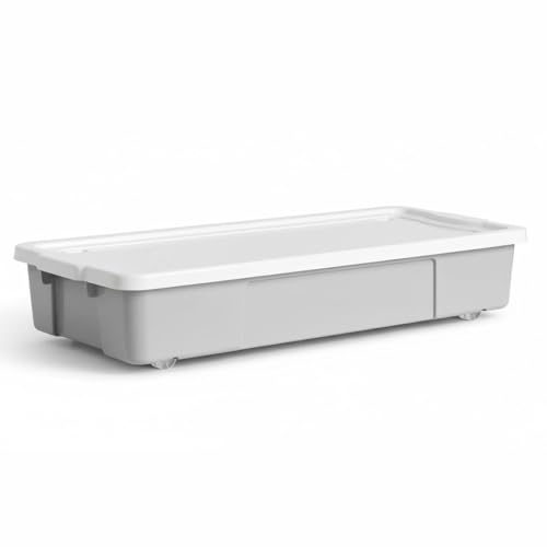 SIDSONS - 1x Grey 47L Rolling Underbed Storage Box - Plastic Container Boxes With White Lid & Wheels - Organizer Under Bed Stackable Bin - Space Saving For Bedroom, Home & Office