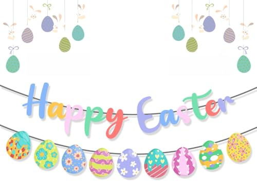 2Pcs Happy Easter Bunting Banner Reusable Paper Eggs Hanging Bunting Letter Garland Photo Booth Props Egg Hunt Decoration Easter Tree Decorations Party Supplies for Indoor Outdoor Home Office Garden