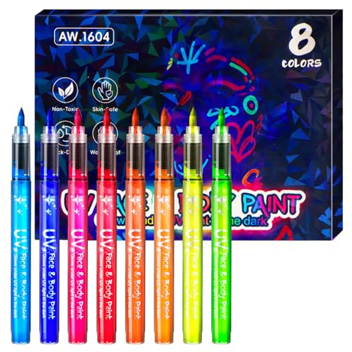 Lot de 8 stylos de peinture fluo UV pour le corps et le visage, brillent dans le noir sous la lumière noire, peinture liquide à base d'eau, pour festival, fête, club, bodypainting
