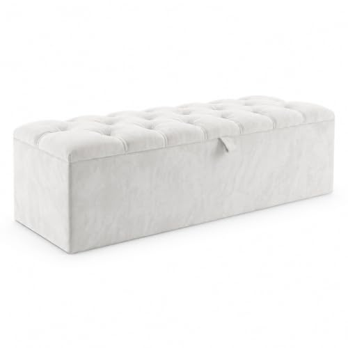 BEDELUNA Ottoman Storage Box - Chesterfield Upholstered Rectangular Ottoman Storage – 45x101x33cm End of Bed Bench, Foot Rest Stool, Easy Assembly, Ideal for Living Room, Bedroom, Entryway (White)