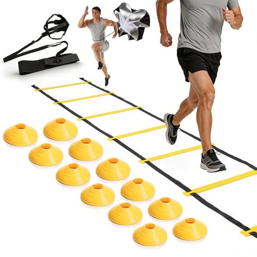 ZEMBSOYA Accessori per allenamento da calcio con scala di coordinazione da 6 m, paracadute, set completo di attrezzature per l'allenamento per bambini e adulti