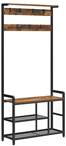 VASAGLE Garderobenständer, Kleiderständer, mit 7 Haken und Sitzfläche, 1 Gitterablage, im Flur, Wohnzimmer, Metallrahmen, Industriestil, vintagebraun-schwarz HSR088B01