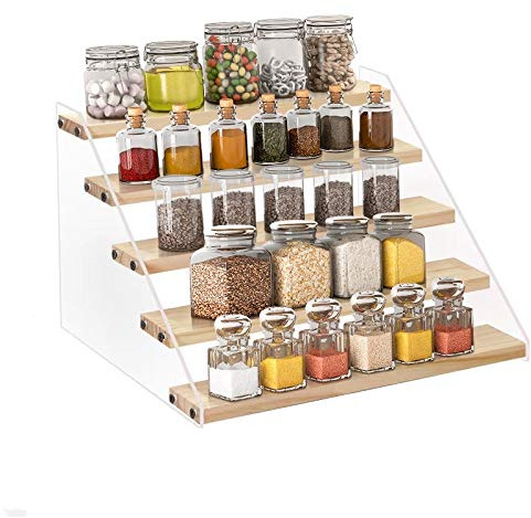 VAEHOLD Spice Rack Organizer for Cabinet & Countertop - Seasoning Organizer Spice Shelf - Space Saving Wooden Display Risers Shelf Showcase Fixtures Jewelry (5 Tier)