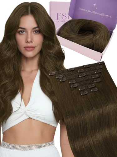Fshine Clip in Extensions äkta hår 35 cm 7 stycken 120 g brun dubbel hårdel mänskligt hår för kvinnor Remy Extensions slät i färg 4