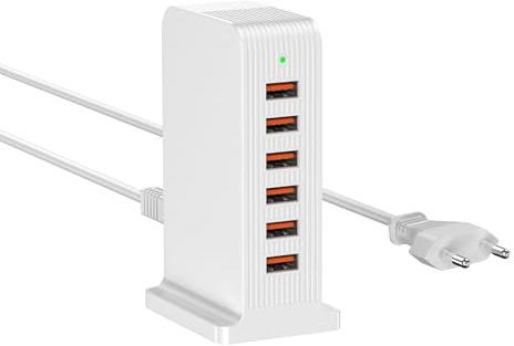 WUKUR Caricatore USB Multiplo,Stazione di Ricarica USB 6 Porte 50W da Tavolo per iPhone 14/14 Plus/14 Pro/14 Pro Max/13/12/11/8/XS/XR/X, iPad,Samsung Galaxy,Huawei(Bianco)