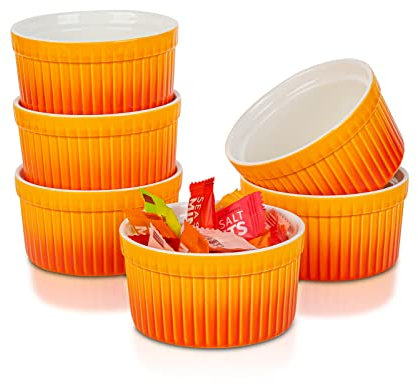 120ml Moldes para soufflé, Candiicap Juego de 6 Moldes de Porcelana para Hornear, Pudín, Creme Brûlée, Tazas de Flan, Salsa para Servir (120ml, Naranja Tropical)