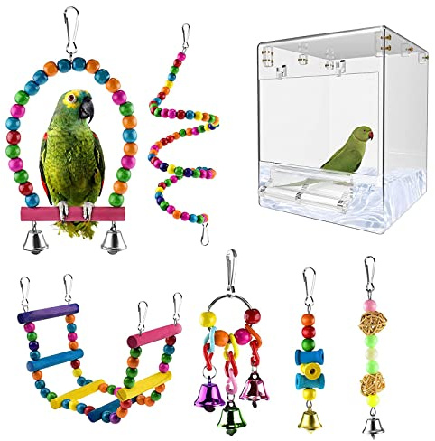 QeeHeng Vasca da Bagno per Uccelli, Contenitore per Uccelli da 13 x 13 x 17 cm, Contenitore Trasparente per mangiatoia per Uccelli Piccoli, (Senza perdite e 6 Giocattoli per Uccelli) (Trasparente)