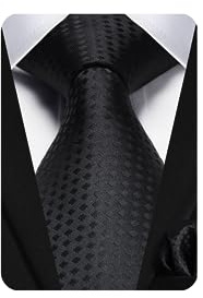 HISDERN Black Ties for Men Solid Plaid Black Tie with Pocket Square Set Formal Business Mens Ties Handkerchiefs Plain Checkered Silk Necktie Wedding