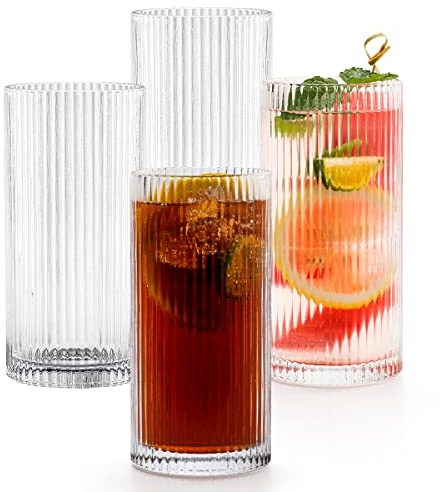 Quyimy Gin Glasses Ripple Highball Drinking Glasses Set of 4 Cocktail Tall stemless Glasses with Glass Straw and Brush, Vintage Ribbed Glassware, Ideal for Cocktail Coffee Soda Juice Rum, 445ML/15oz