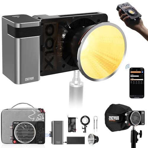ZHIYUN MOLUS X100 Pro [Offiziell] Videolicht, 100 W, mit Akku 2600 mAh, COB LED Videobeleuchtung 17317 Lux/ 2700~6500 K/CRI≥95/TLCI≥97, mit APP Control/Bowens Mount/Softbox/Bi-Color