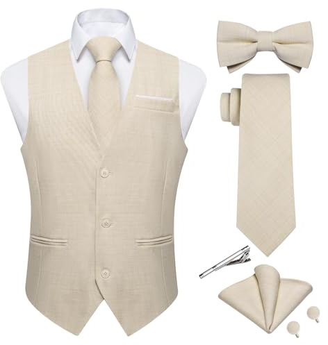 DiBanGu Mens Linen Suit Vest Casual Waistcoat and Necktie & Pre-tied Bowtie Set 6PCS Solid Color Dress Vest for Wedding Party, Beige, X-Large