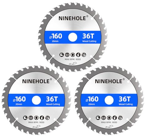 Ninehole 3 Stück 160 x 20mm x 36Zähne Sägeblatt Kreissägeblatt für Holz, Sperrholz, Laminat, Trockenbau, Kunststoff, Plastik (3 x 160x20mm, 36T)