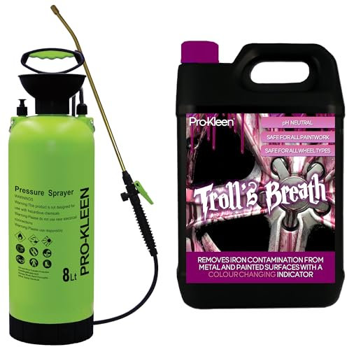 Pro-Kleen Troll’s Breath Iron Fallout Contamination Remover – Safe to use on all Wheel Types, Paintwork, Glass & Metal - pH Neutral with Colour Indicator with 8L Garden Pump Sprayer