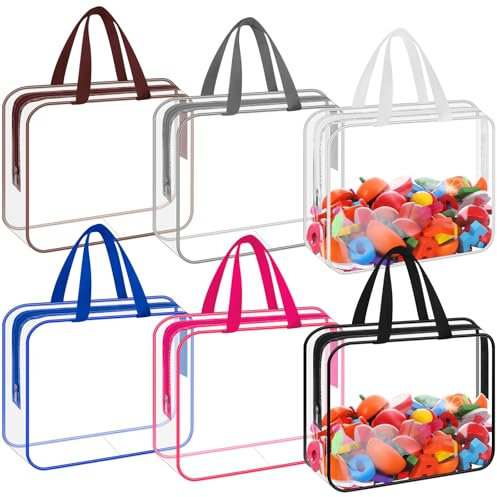 WWmily 6 Pack Zipper Toy Storage Bags With Handles 11.8x8.6x3.9 Inch Clear PVC Waterproof Toiletry Organizing Bags for Building Blocks Puzzle (Multicolor)