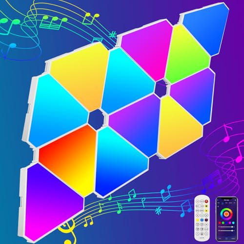 ZONJIE Paneles de luz LED triangulares - Paquete de 12 luces LED triangulares para configuración de juegos, lámpara de pared triangular inteligente, módulo de empalme de geometría DIY, control remoto