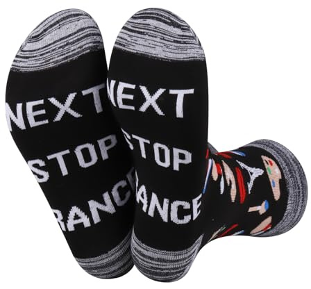 JXGZSO France Symbols Souvenir Gift Next Stop France Socks France Trip Themed Socks France Lover Gift Europe Travel Gift (US, Alpha, Medium, Large, Regular, Tall, Black-Next Stop France)