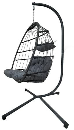 Swing Chairs,Egg Chair Rattan Hanging with Cushion, Foldable Egg Chair Outdoor Indoor, Garden Patio Hammock Chair with Stand & Adjustable Height, upto 130 Kg Weight Capacity (Light Grey)